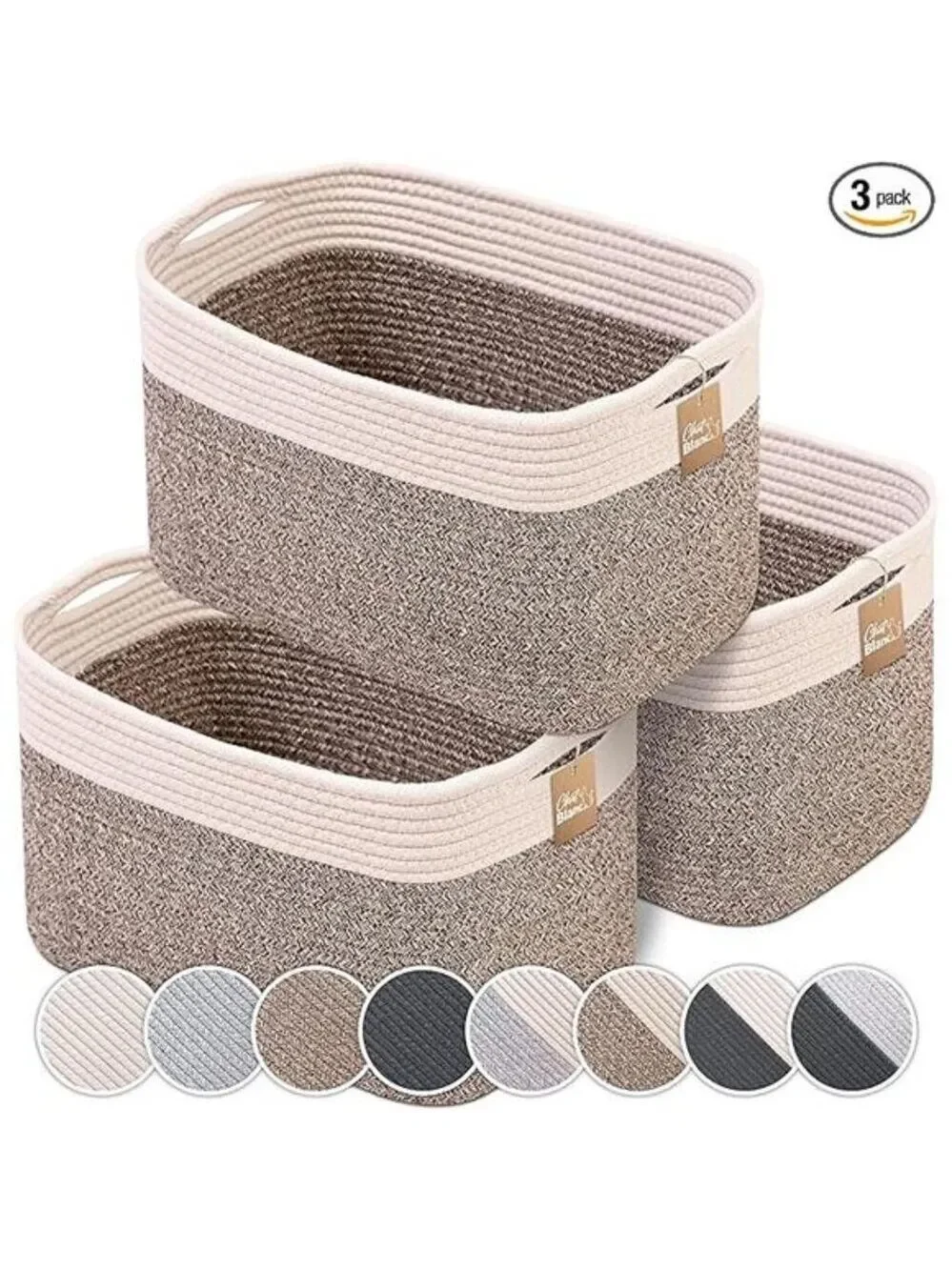 Cotton Rope Storage Baskets 3 Pack Off White Brown Laundry Toy Organizer Bin